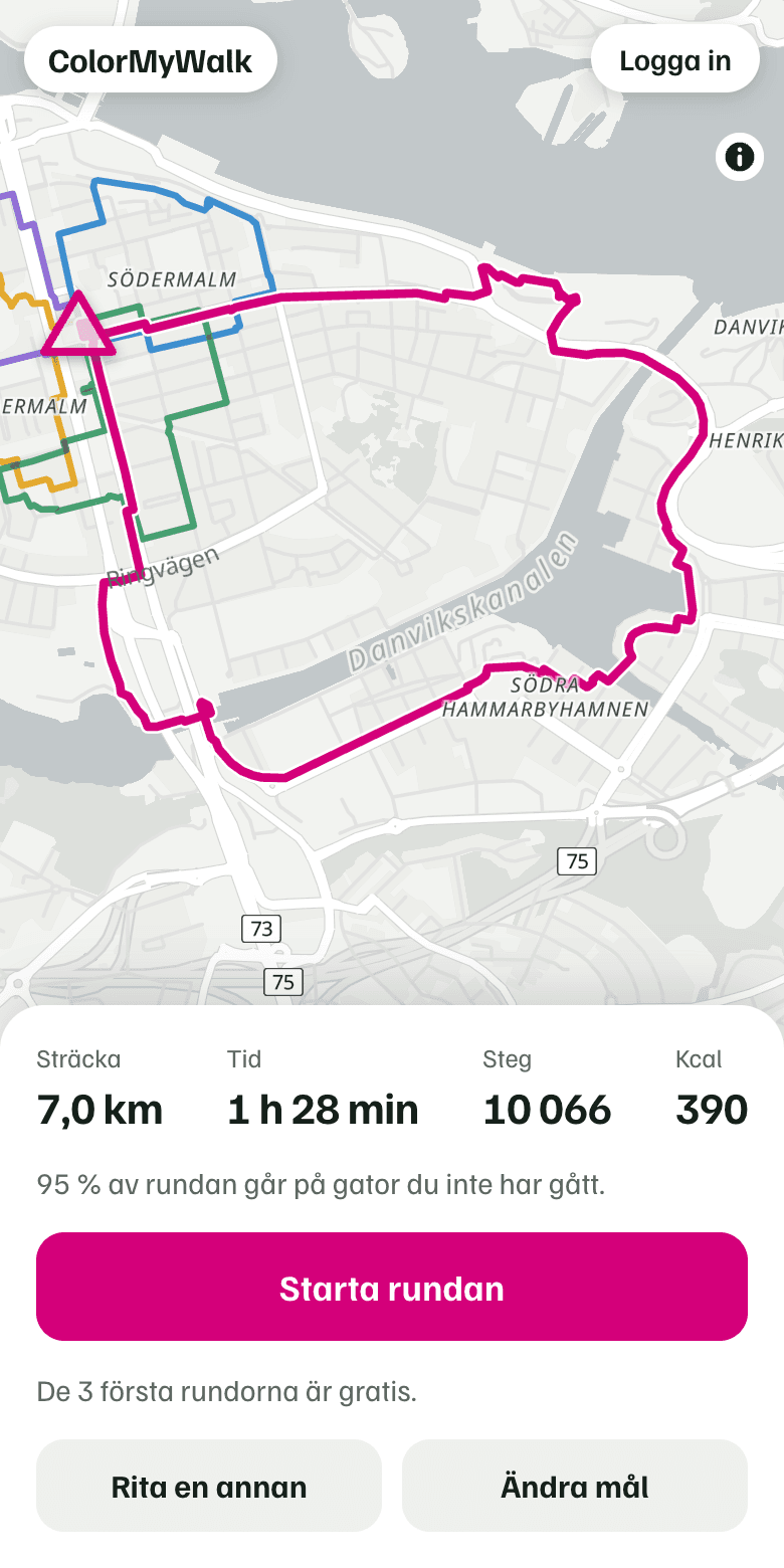 En föreslagen runda ritad på kartan, med sträcka, tid, steg och kalorier