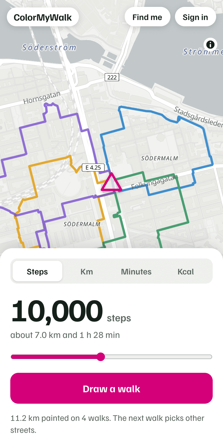 The app with a goal of 10,000 steps and earlier walks in different colours on the map