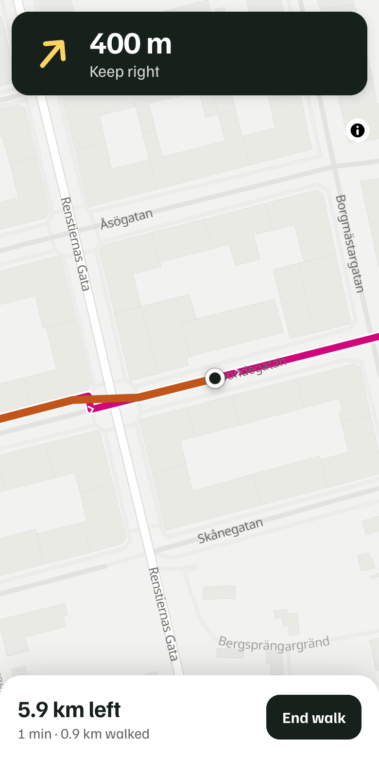 Turn-by-turn directions during the walk, with the distance to the next turn
